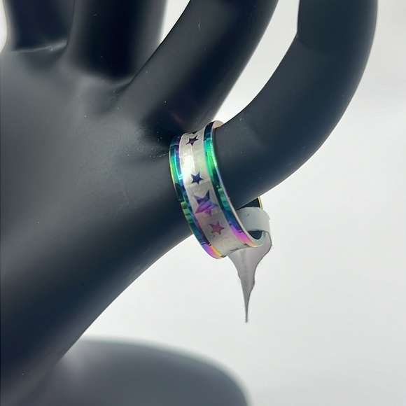 Concave Star Etched Rainbow Stainless Steel Ring - Picture 7 of 8